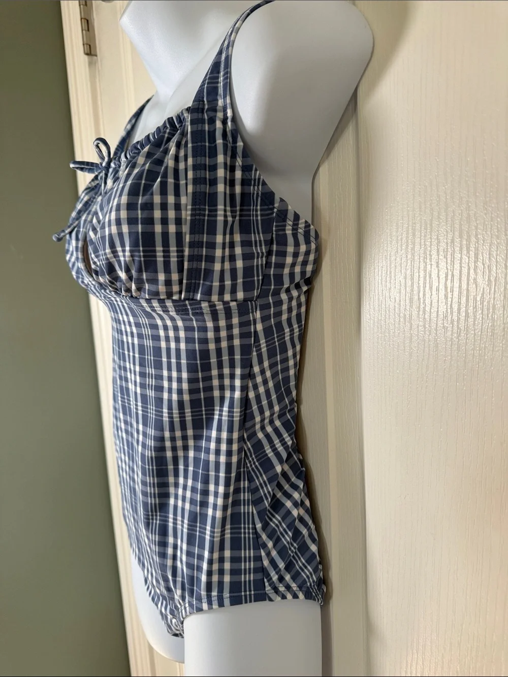 Kona Sol Blue Plaid One Piece Swimsuit Ruched Tie Front Size Medium
